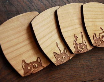 Coasters Set of 4, Engraved Wooden Coaster, Wooden Coasters, Stylish Coaster Set, Coaster Gift Set, Wooden Drink Coasters, Cats, Gift Set