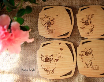Engraved Sheep Wooden Coasters - Set of 4 - Stylish Drink Coasters