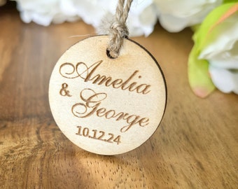 Engraved Wooden Wedding Favor Tags: Personalized Circle Tags, Set of 25