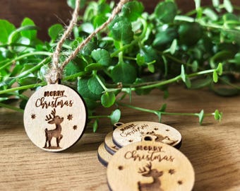 Wooden Christmas Tags with Christmas Deer,  Merry Christmas Tags (Set of 25)  Gift Packing, Party Favors Tags