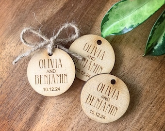 Personalized Wooden Wedding Favor Tags: Engraved Birchwood, Set of 25