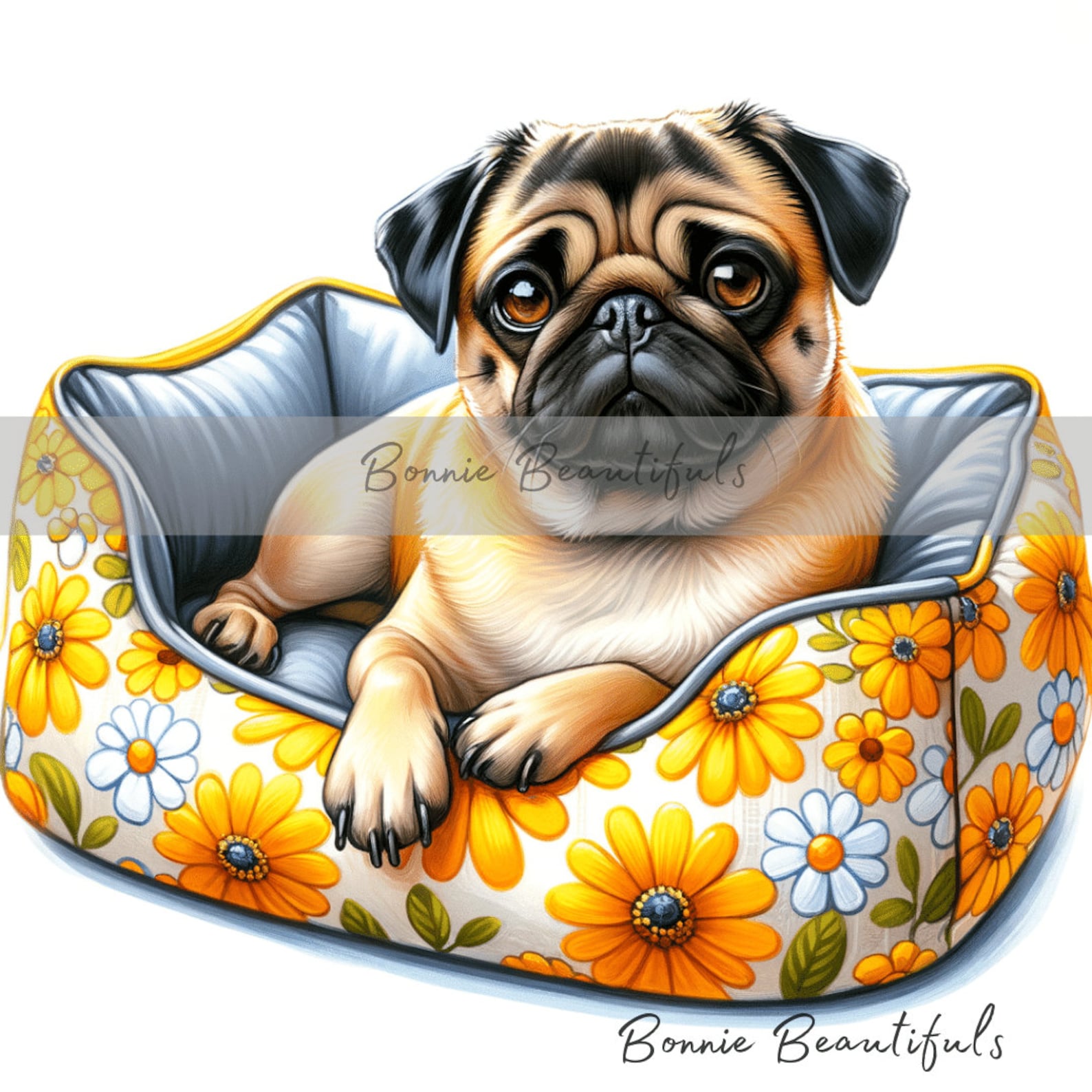 Springtime Pug Pugs in Spring Time Bloom Settings Gorgeous Digital Art in Spring Time ...