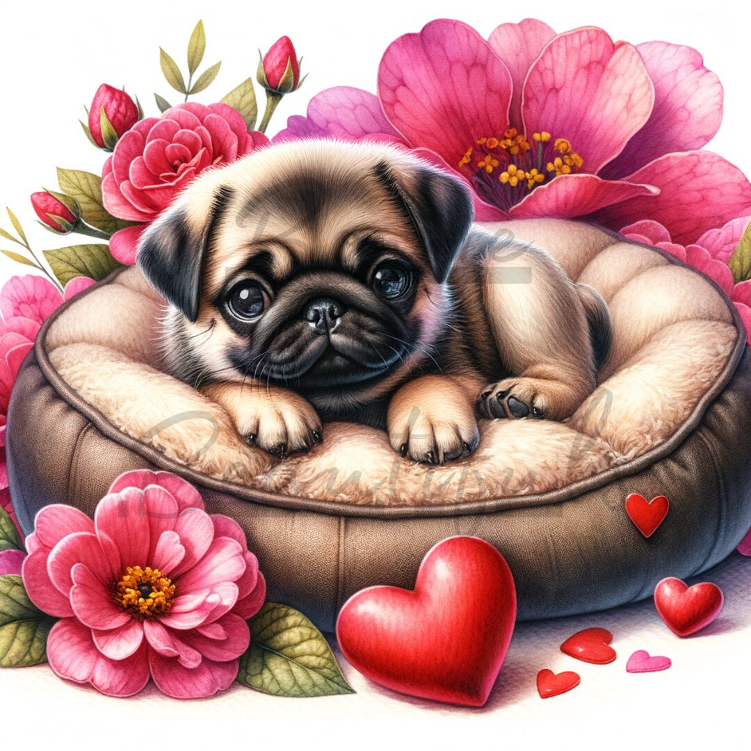 Pug on a Dog Bed: Valentine Art With Red and Pink Flowers and Hearts - Etsy