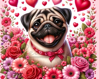 Pug Valentine art with red and pink flowers and hearts