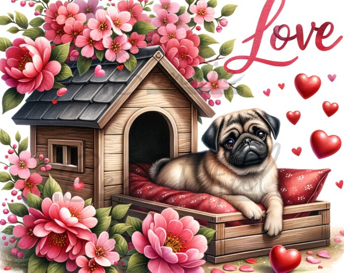 Pug in a Dog House: Valentine Digital Art With Red and Pink Flowers and ...
