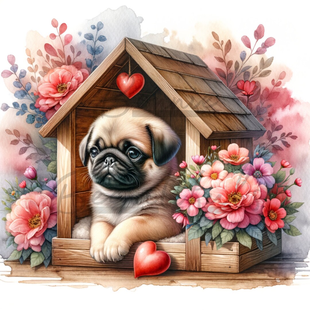 Pug in a Dog House: Valentine Digital Art With Red and Pink Flowers and ...