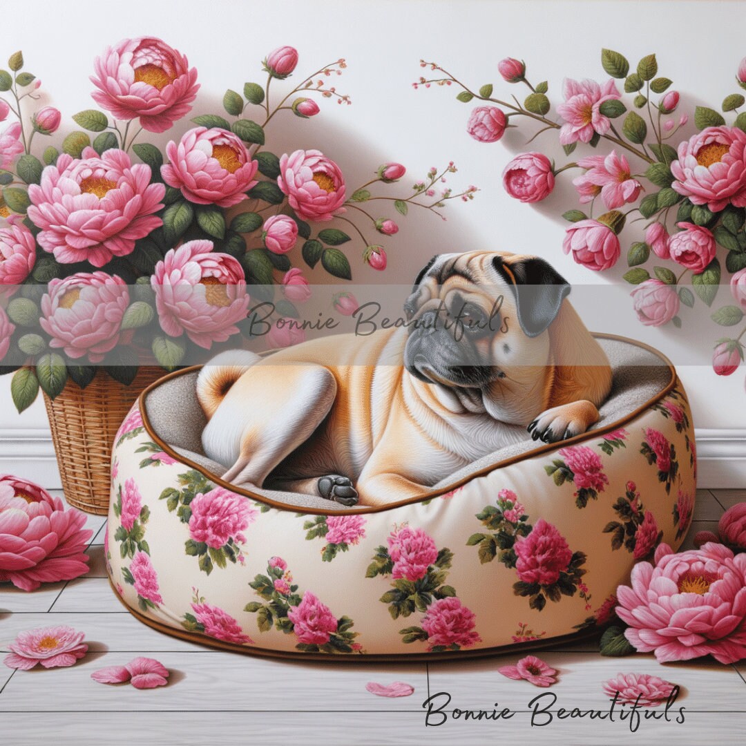 Springtime Pug Pugs in Spring Time Bloom Settings Gorgeous Digital Art in Spring Time ...