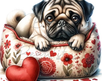 Pug on a Dog Bed: Valentine art with red and pink flowers and hearts