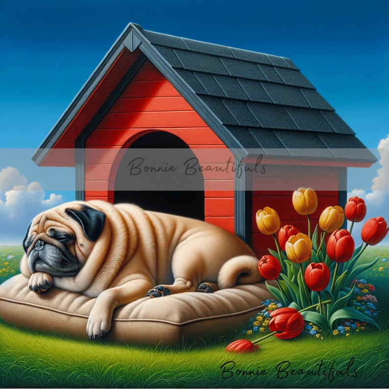 Springtime Pug Pugs in Spring Time Bloom Settings Gorgeous Digital Art in Spring Time ...