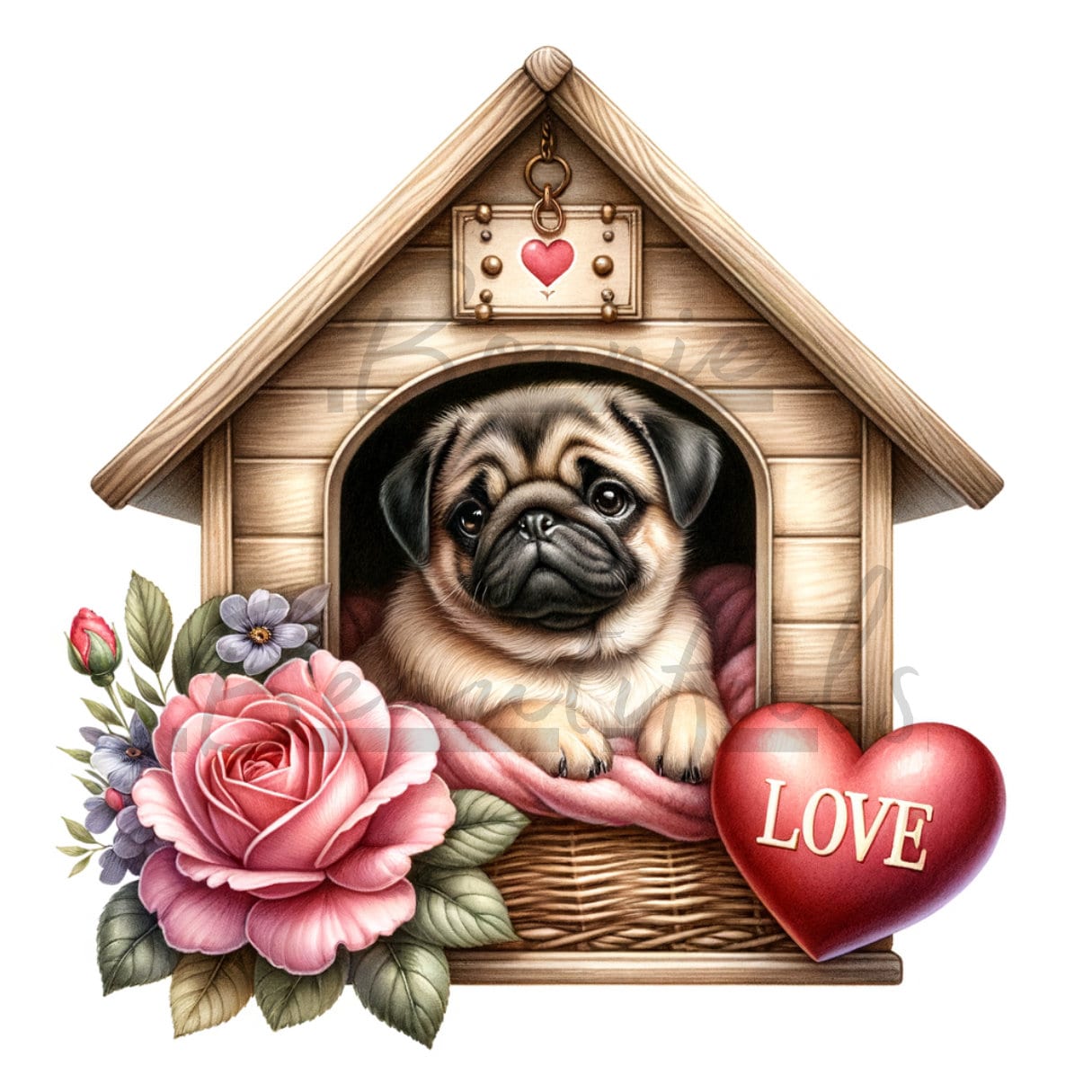 Pug in a Dog House: Valentine Digital Art With Red and Pink Flowers and ...