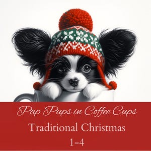 Cachorros de papillón en tazas de café: arte digital con temática navideña tradicional