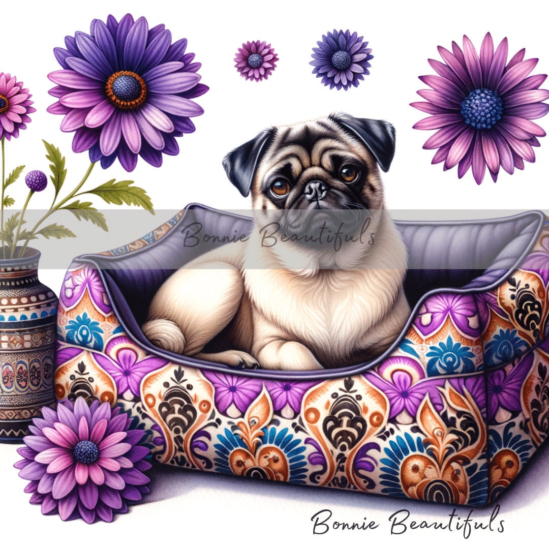 Pug Cartoon Spring Pugs in Spring Time Bloom Settings Gorgeous Digital Art in Spring Time ...