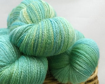 Hand Dyed Lace Weight Yarn 'Light Blue / Light Green' Alpaca / Silk Knitting Yarn Shawl Yarn