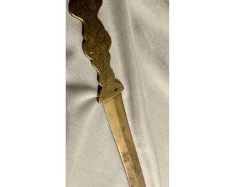 Vintage Solid Brass Letter Opener Etched Floral Design Made in China Desk Tool