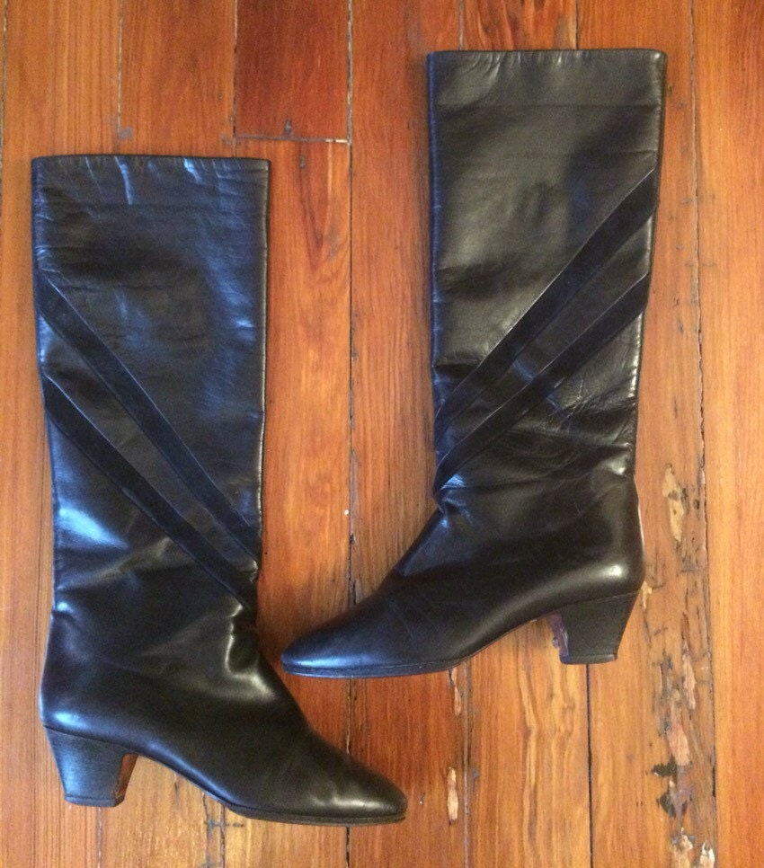 Bottes Vintage Cuir Noir Années 80 - Marque CITY 55 Paris, Taille 36.5, Talon Aiguille, Fabrication Italie