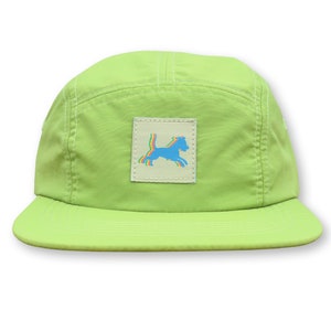 May include: A light green, five-panel cap with a flat brim. The cap features a square patch with a running dog graphic in blue, yellow, and red. White stitching accents the seams.
