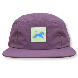 May include: A purple 5-panel cap with a rainbow dog logo on the front.