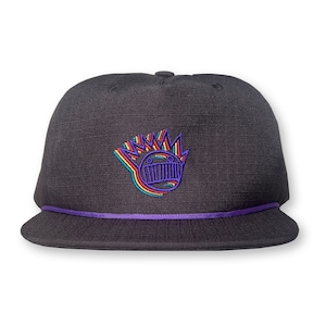 May include: A black baseball cap with a purple brim and a rainbow-colored embroidered logo of a cartoon face with a crown of spikes.
