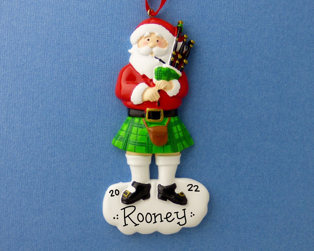 Bagpipe Santa Personalized Ornament Irish or Scottish Kilt Hand