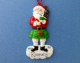 Bagpipe Santa Personalized Ornament - Irish or Scottish - Kilt - Hand Personalized Christmas Ornament