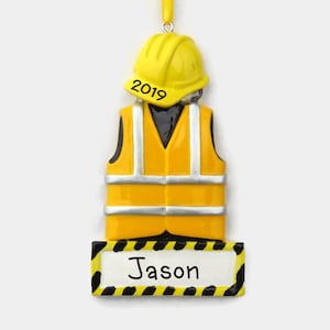 Construction Worker Personalized Ornament - Yellow Safety Vest - Construction Worker - OSHA Hardhat - Gifts for Men - Christmas Ornament