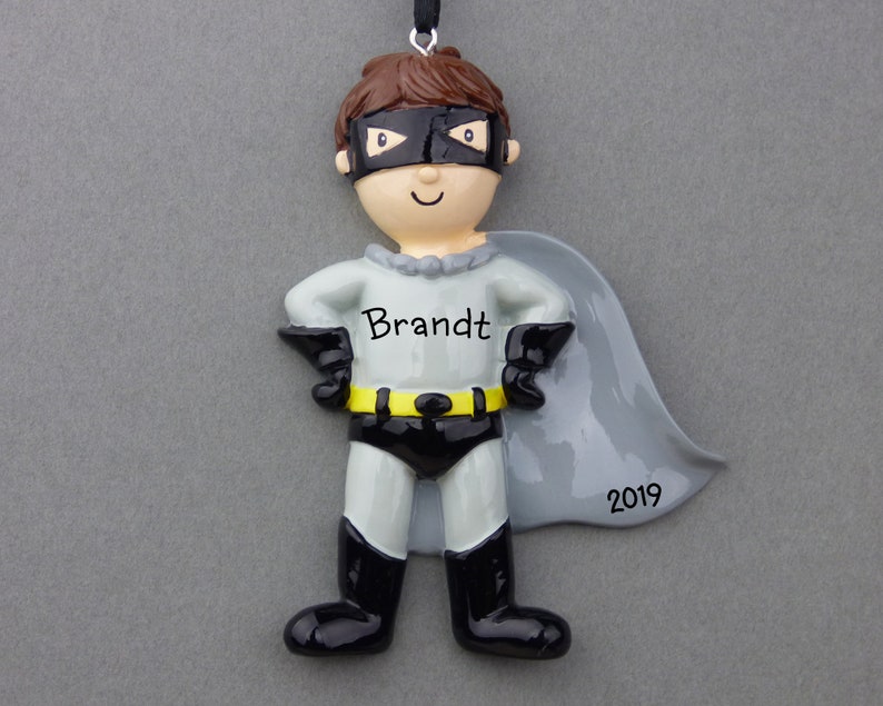 Hand Personalized Christmas Ornament Costume Super Hero Mask and Cape Black and Gray Superhero Boy Personalized Ornament