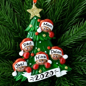 5 Brown People around a Christmas Tree - Personalized Family Ornament - Family of Five decorate for Christmas - Hand Personalized Ornament