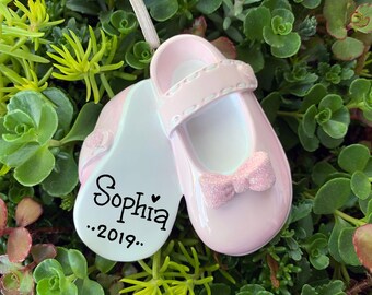 Pink Baby Shoes - Baby's First Steps - Booties with Bow for Baby Girl - Baby's First or Second Christmas - Hand Personalized Ornament