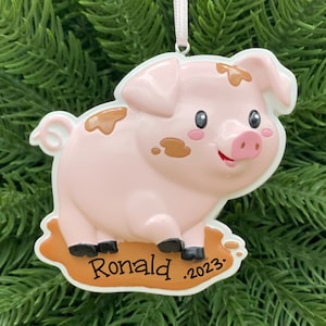 May include: A pink pig Christmas ornament with brown mud splatters. The ornament has a white background with the name "Ronald" and the year "2023" written in brown.
