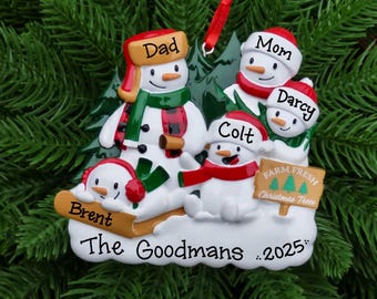 5 Snowmen at the Tree Farm • Family of Five Snowmen • Personalized Family Ornament