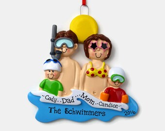 4 Swimmers at the Beach Personalized Ornament - Vacation - Family Personalized Ornament