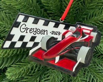 Red Race Car Personalized Ornament • Black and White Checkered Flag • Formula Car • Hand Personalized Christmas Ornament