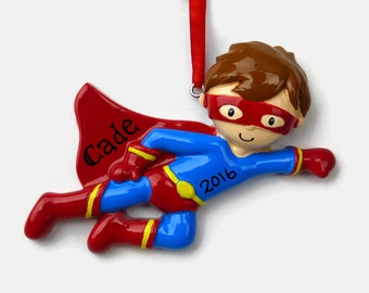 Superhero Boy Personalized Ornament - Super Hero - Red Cape and Mask Costume - Hand Personalized Christmas Ornament