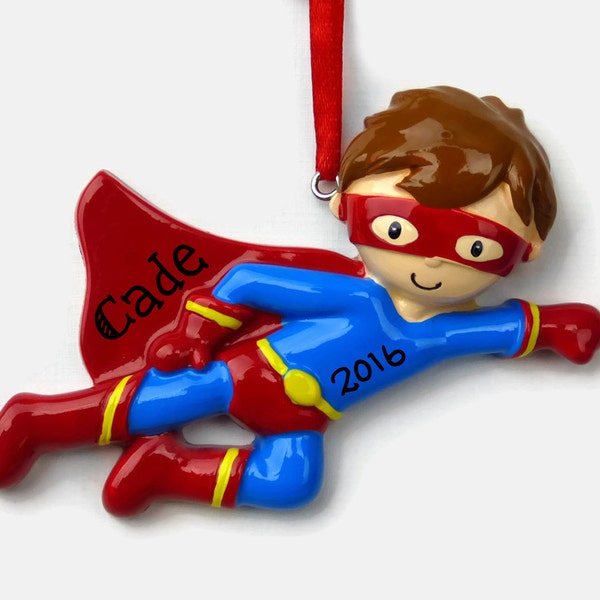 Superhero Boy Personalized Ornament - Super Hero - Red Cape and Mask Costume - Hand Personalized Christmas Ornament