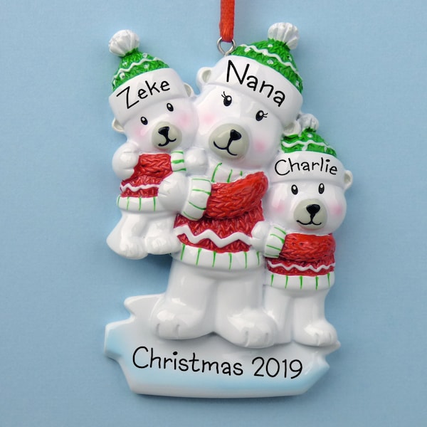 Single Parent Personalized Ornament - 2 Children - Polar Bears - Big Brother or Sister, Babysitter, Grandma, Grandpa, Single Mom or Dad