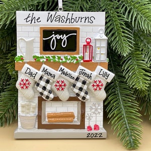 5 Stockings on a Farmhouse Mantel • Family of Five • Personalized Family Ornament • Farmhouse Fireplace