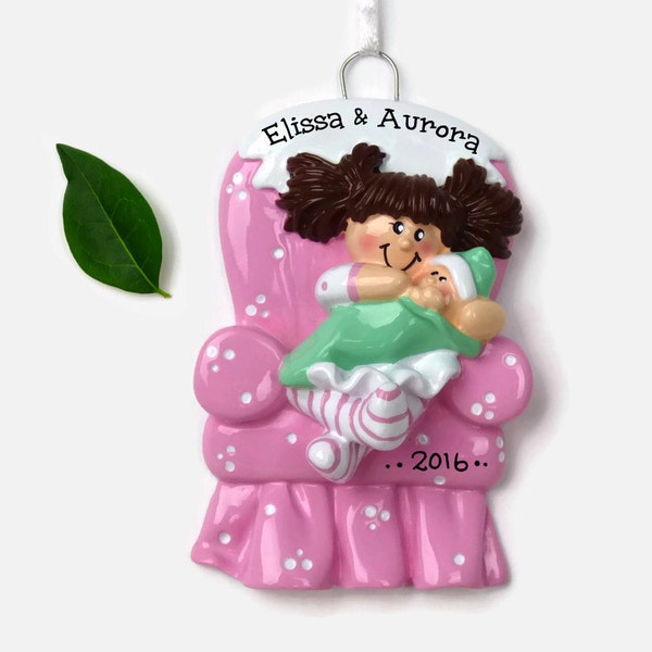 Big Sister Personalized Ornament - Brunette - New Baby - Hand Personalized Christmas Ornament