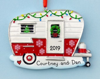 Red and White Camper Personalized Ornament - Pull Trailer - Vintage Camper - Camping Vacation - Hand Personalized Christmas Ornament