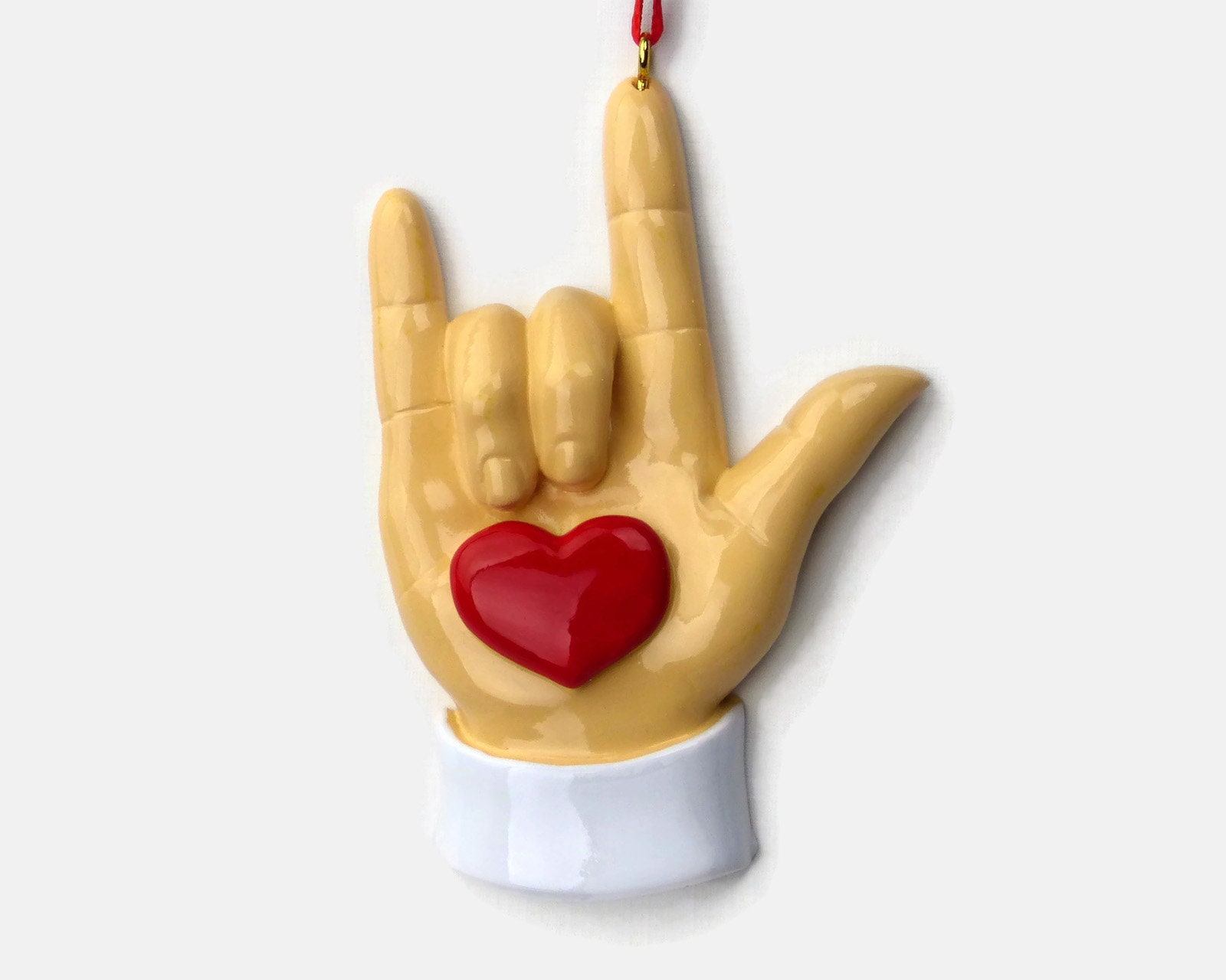 DISC SHAPES (LIKE AN M & M) 3.5 INCHES GLITTER ORNAMENTS WITH SIGN LANGUAGE  HAND  I LOVE YOU (WHITE GLITTER ) - DeafGifts, LLC