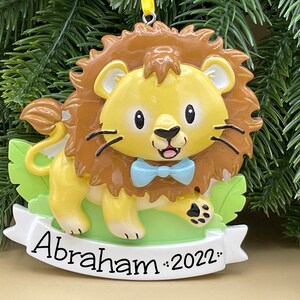 Baby Lion Ornament - Lion with Blue Bowtie Ornament - Gender Reveal Baby Boy - Hand Personalized
