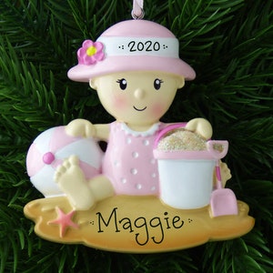 Pink Beach Baby Personalized Ornament - Baby Girl First Swim - Baby's First or Second Christmas - Hand Personalized Ornament
