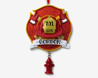 Firefighter Personalized Ornament - Helmet and Hydrant - Hand Personalized Christmas Ornament