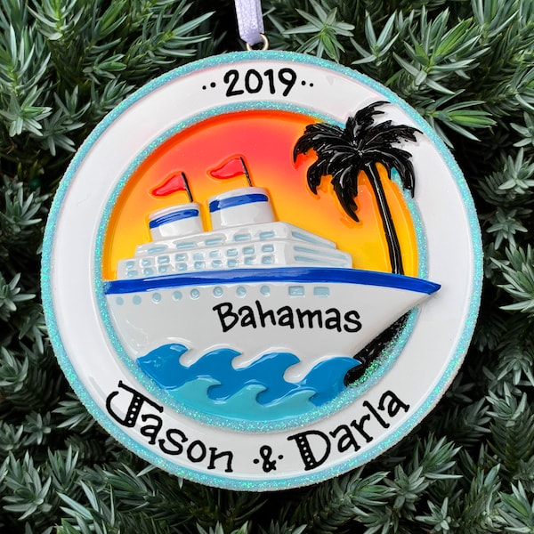 White Cruise Ship Medallion at Sunset Personalized Ornament - Vacation - Palm Tree - Honeymoon - Hand Personalized Christmas Ornament
