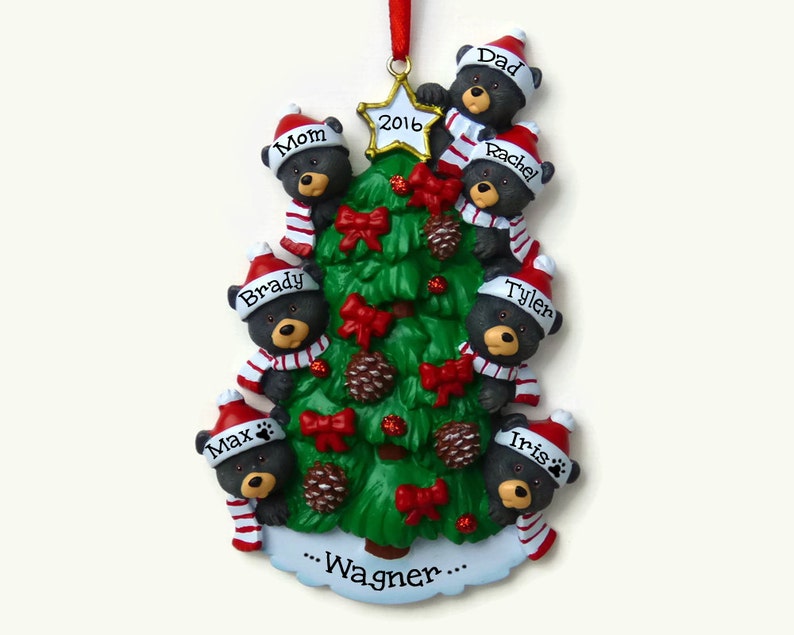 Hand Personalized Ornament 7 Bears on a Christmas Tree Bear Family of Seven