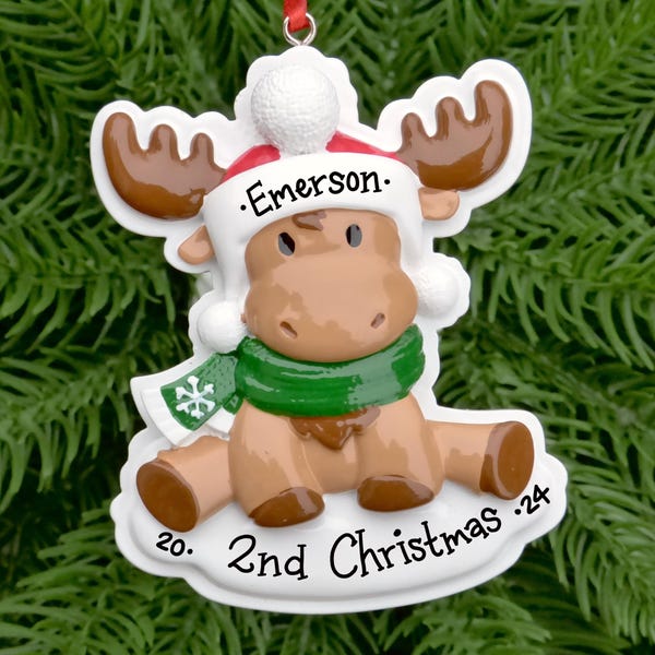 Little Moose Personalized Ornament • Gender Neutral Green and Red Outfit • Baby's Second Christmas • Hand Personalized Christmas Ornament