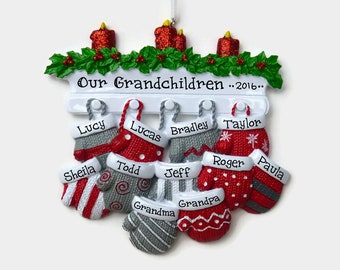 11 Gray and Red Mittens on the Christmas Mantle - Mitten Family of Eleven  - Hand Personalized Christmas Ornament