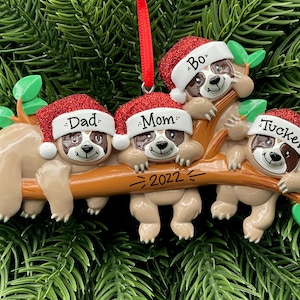 4 Sloth Family Personalized Ornament - Sloth Family of Four - Hand Personalized Christmas Ornament