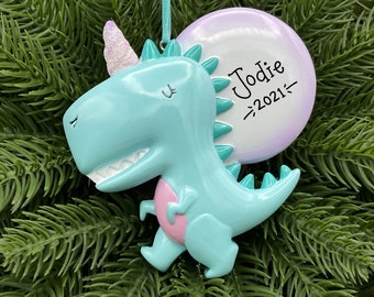 Dinocorn Personalized Ornament - Teal and Purple Tyrannosaurus Rex and Unicorn Combined - Hand Personalized Christmas Ornament