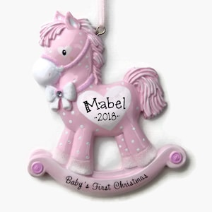 Rocking Horse Personalized Ornament - Baby Girl - Baby&#39;s First Christmas - Hand Personalized Christmas Ornament