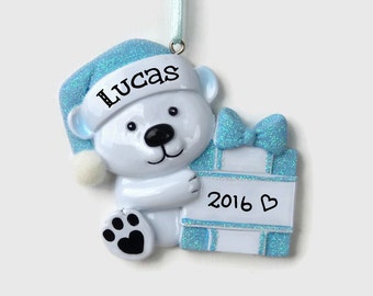 Baby Polar Bear Personalized Ornament - Baby Boy - Baby's First Christmas - Hand Personalized Christmas Ornament